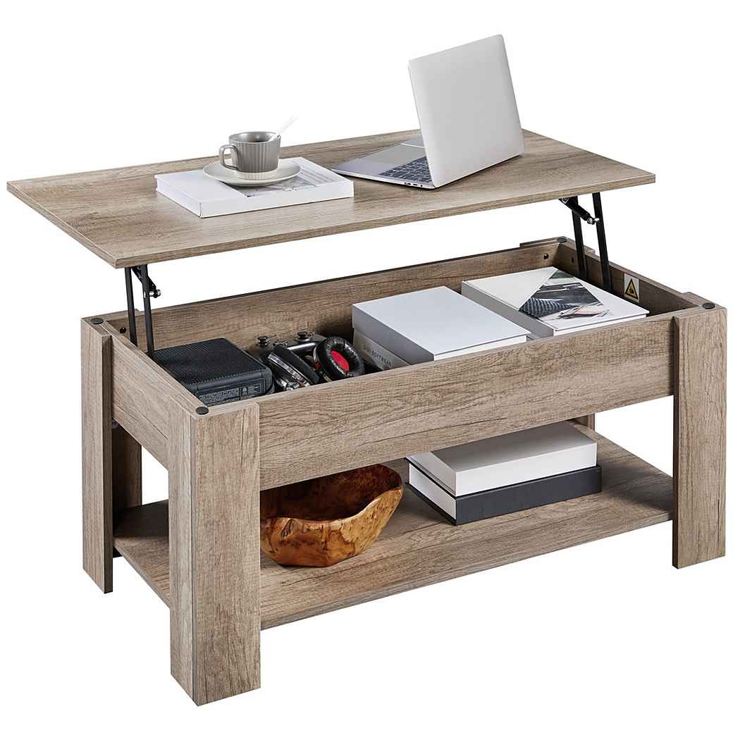 Yaheetech Couchtisch mit Hubplatte – Grau – 98 x 50 x 41,8/56 cm – Höhenverstellbar mit Stauraum