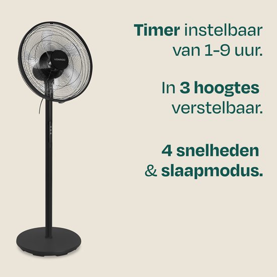 VONROC Standventilator – Ø 45,5 cm – 3 Geschwindigkeitsstufen – Timer – in 3 Höhen verstellbar – inkl. Fernbedienung – schwarz