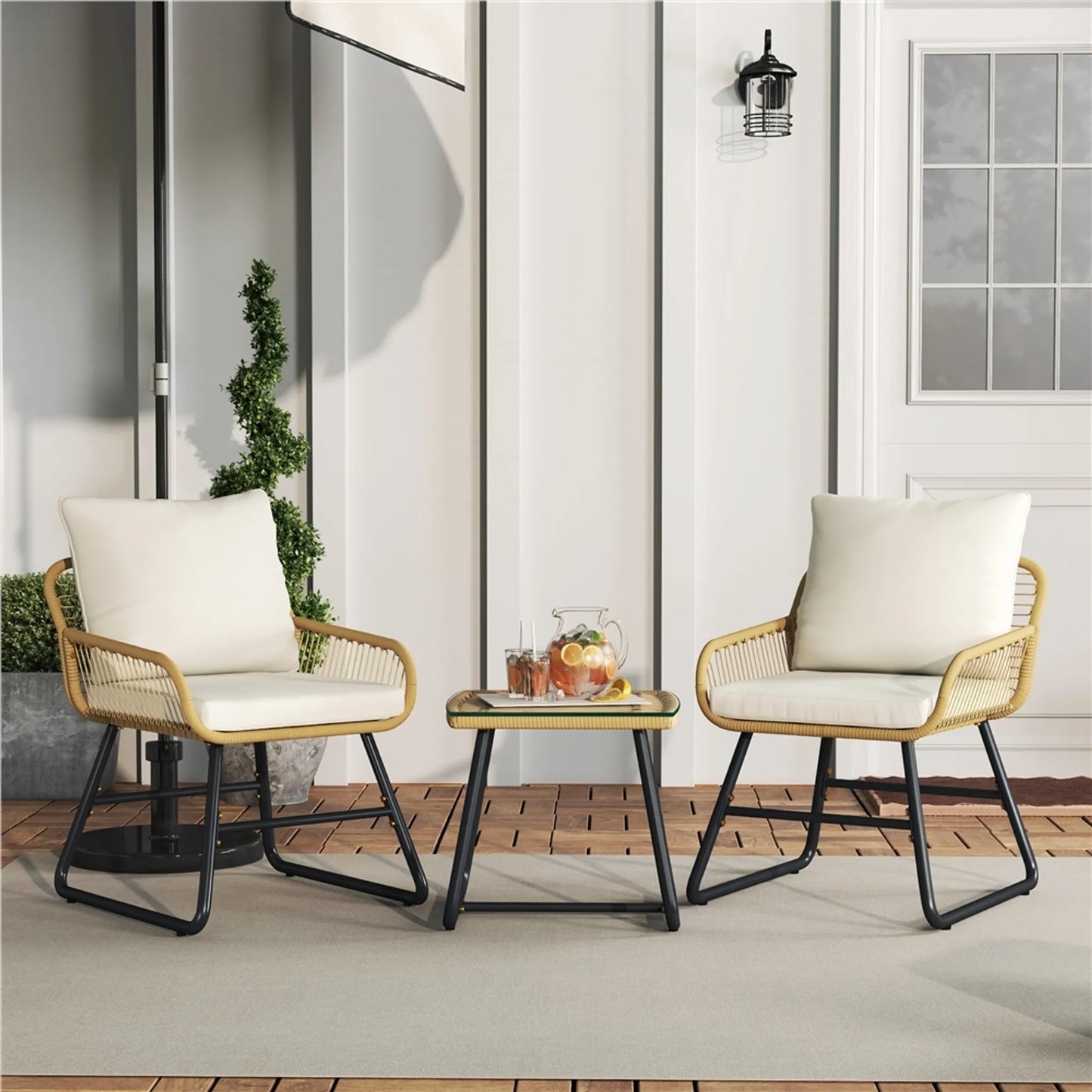Yaheetech Bistro Set Garten Set 3-tlg. - 61 x 65 x 76 cm - Mit handgeflochtenem PE-Rattan und Glastischplatte sowie Sitz und Dekokissen - Für Balkon und Terrasse - Hellbraun und Metall