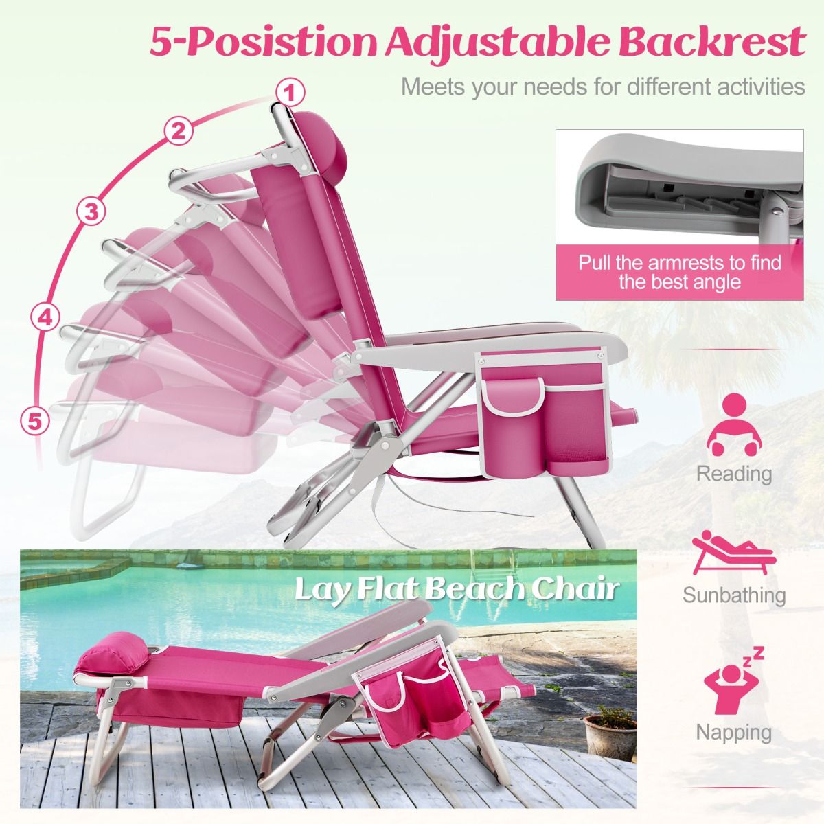 Coast Beach Chair Verstellbare Rückenlehne 5-Positionen faltbare Liege mit Becherhalter und Staufächern Rosa 66x65x78 cm - 2 Stück
