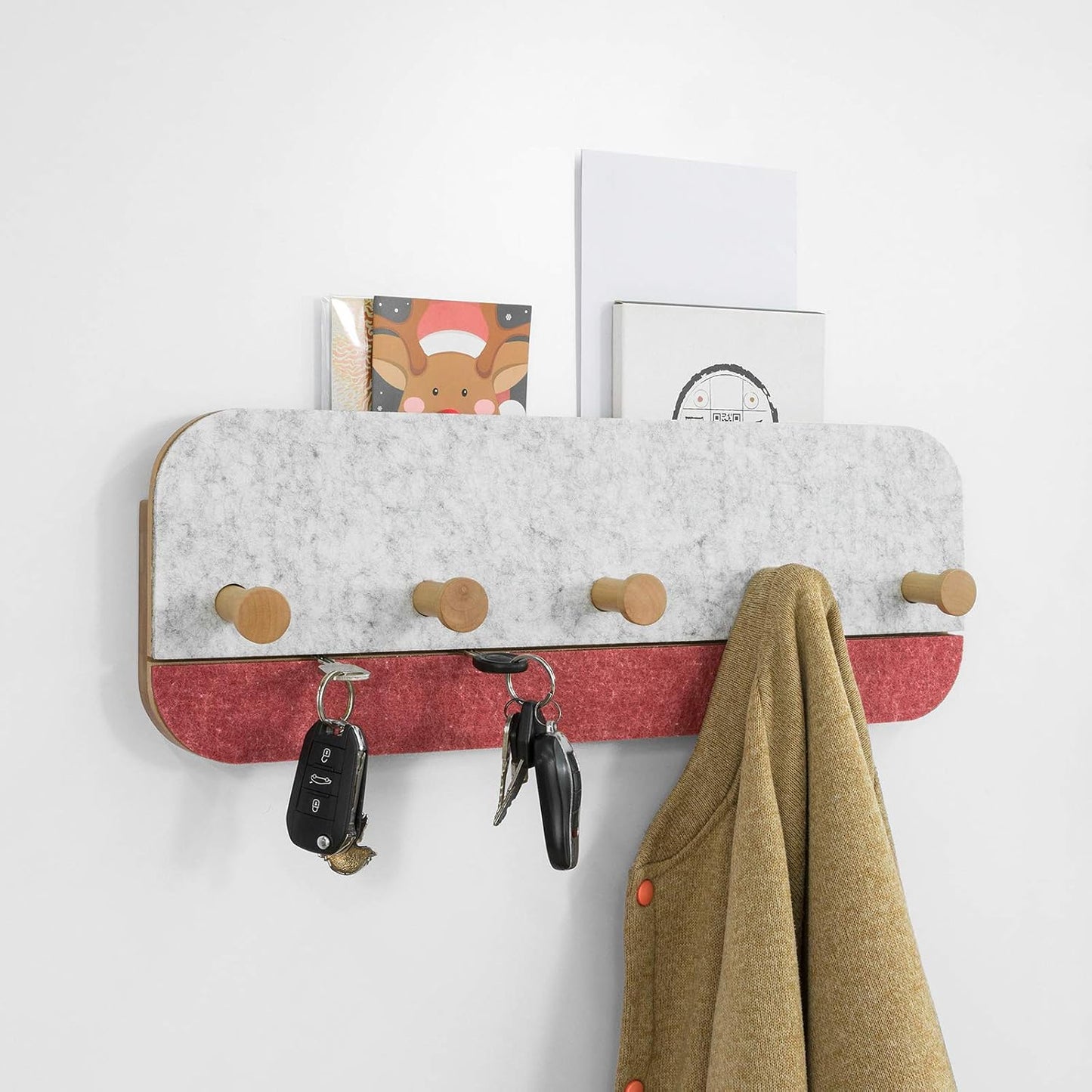 SoBuy FHK16-R Wandgarderobe – 5 Haken – Bambus & Filz – 55 x 3 x 19 cm – Rot