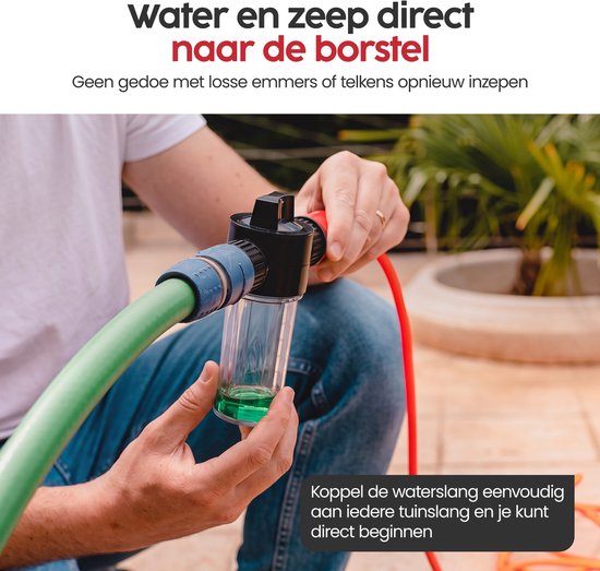 Infinity Goods Teleskop-Fensterreinigungsbürste 7,5 m – Fensterwischer – Fensterwischer – Seifenspender – Wasserdurchlauf – Schwarz/Rot