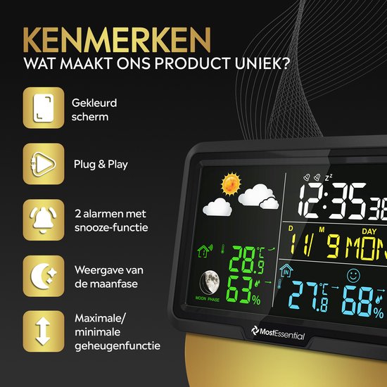 MostEssential Classic Edition Wetterstation – Plug-&-Play-Installation – Kabellos – Wetterstation mit Außensensor – Hygrometer – Innen und Außen – 100 Meter Reichweite – 1 Sensor