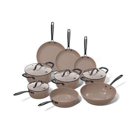 Cook & Pan 9-teiliges Pfannenset in Taupe oder Mind – PFAS-frei – Für alle Herdarten geeignet – Pfannenset mit 7 Jahren Garantie – Kratzfeste Antihaftbeschichtung – Spülmaschinenfest – Gas, Induktion, Elektro, Backofen – Bratpfanne, Wokpfanne, Stielkasser