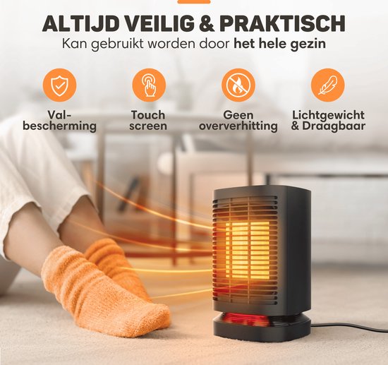 Vulpes Goods® Tech - Elektrischer Heizlüfter - Für Innenräume - Heizlüfter - Keramischer Heizlüfter - 3 Stufen - 950W - LED-Anzeige - Rotierend - Schwarz
