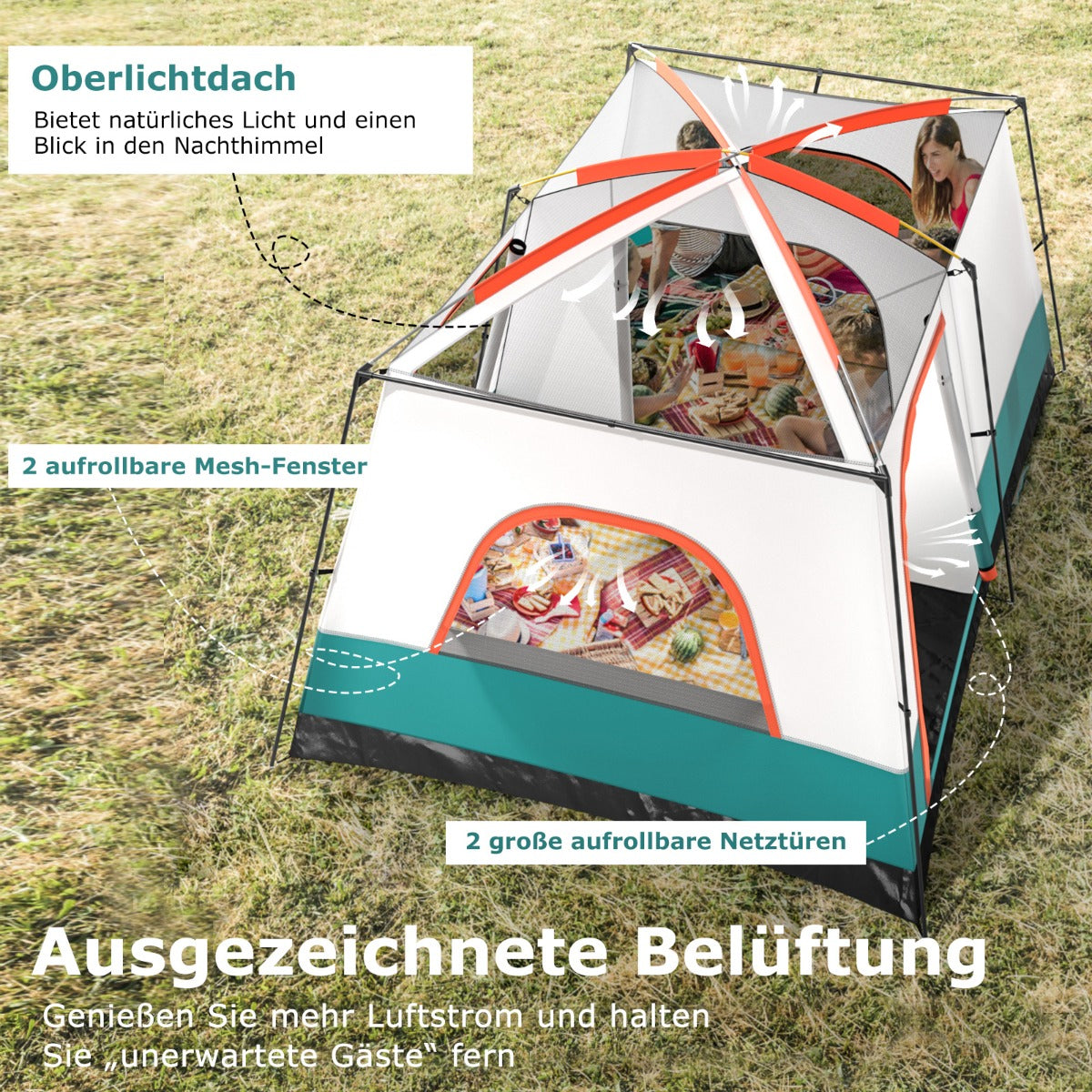 Coast Familienzelt mit Vorzelt - 2 Räume - 2 Eingänge - 320 x 210 x 180 cm - Grün