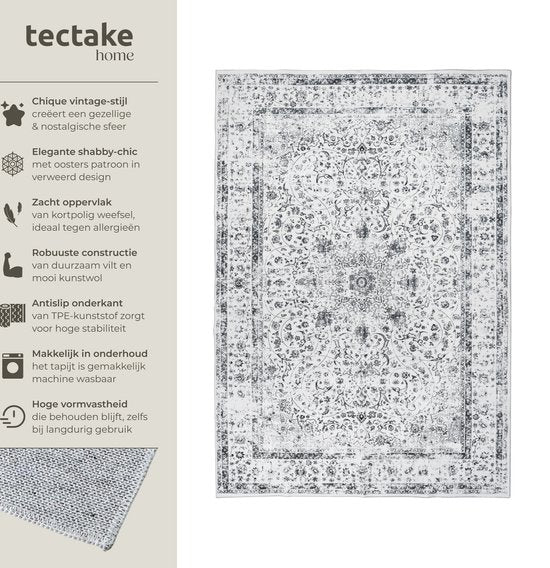 tectake® Teppich im Vintage-Design – Dalia – Kurzflor-Teppich für Wohnzimmer, Kinderzimmer, Schlafzimmer oder Flur – Waschbar – Verschiedene Größen – 120 x 170 cm – grau