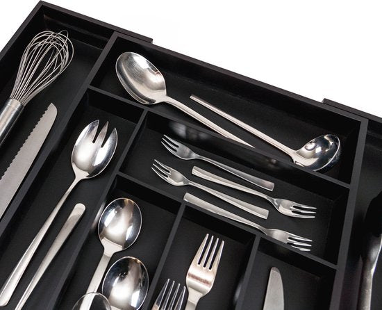 Budu Extendable Bamboo Cutlery Tray #50 (50 cm tief) - Schwarz - Besteckkassette Holz - Besteckschublade - 50 x 34.1 - 56 cm - 6/8 Fächer