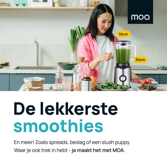 MOA Blender - Smoothie Maker mit 1.5L Glaskrug - für Eis, gefrorene Früchte, Nüsse - Mini - 1020W - Edelstahl - Silber