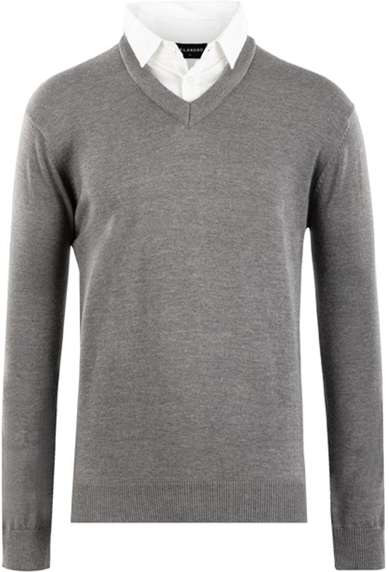 Milanoro Herren Pullover mit Hemdkragen - Hellgrau - Größe XXL - Elegant Fit