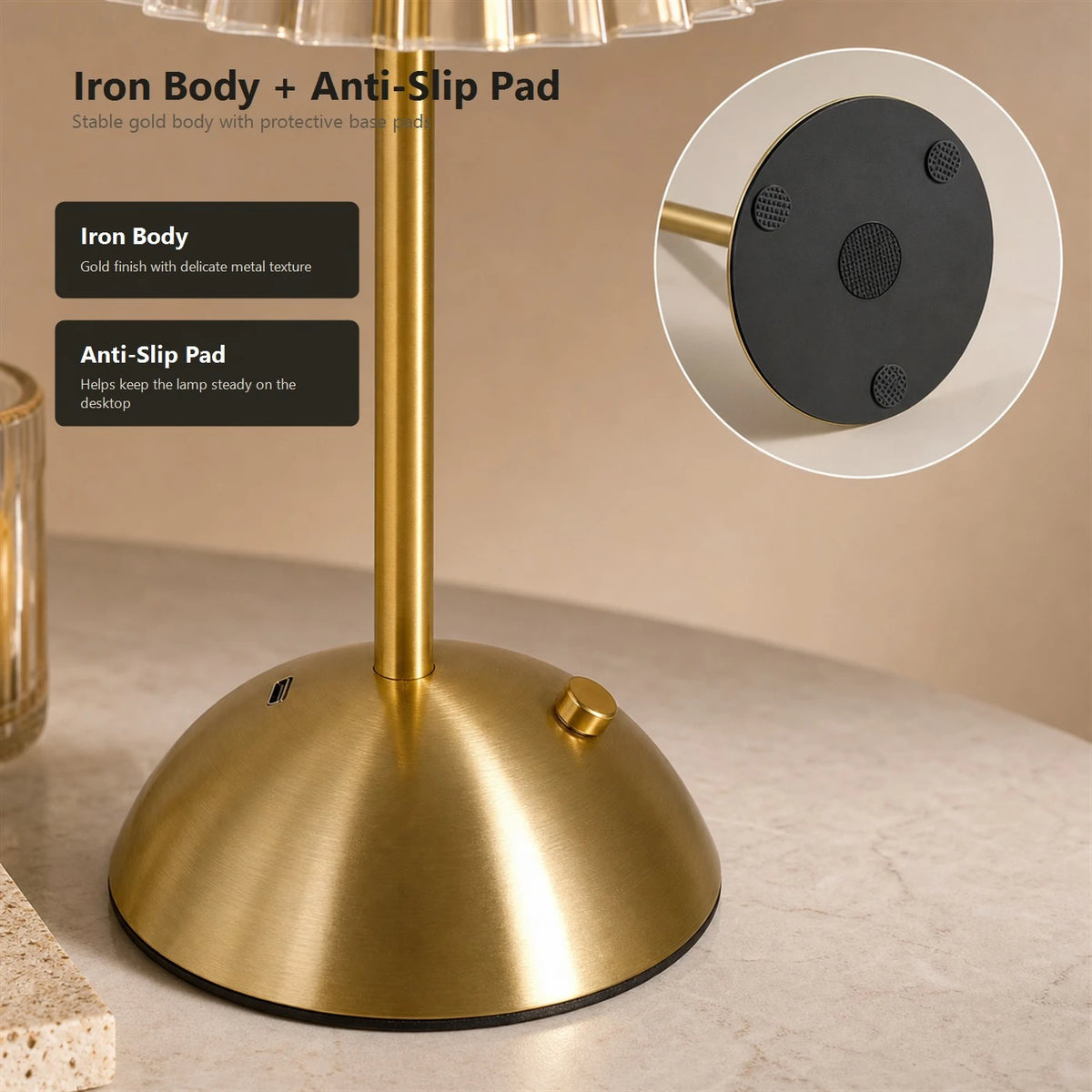 Kabellose LED-Tischlampe mit Touch-Bedienung – 3 Lichtfarben – stufenlos dimmbar – 1800 mAh – über USB-C aufladbar – 8–10 Stunden – Gold