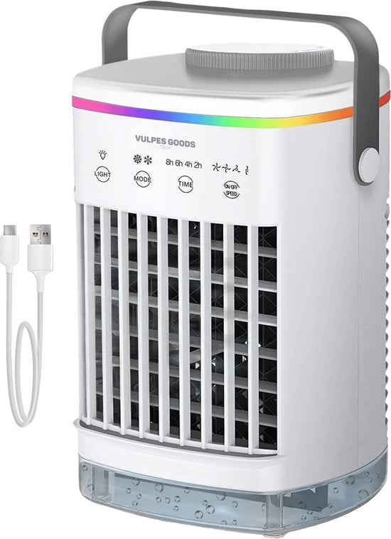Vulpes Goods® Tech Mini Airco PRO Mobiles Klimagerät - Luftkühler 4in1 - Tischventilator - 4 Windgeschwindigkeiten - 2 Befeuchtungsmodi - Timer - Auslaufsicher - Weiß