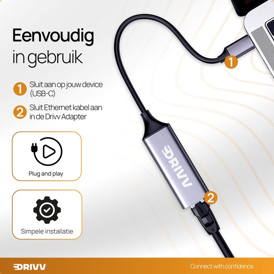Drivv. USB-C zu Ethernet Adapter / Internet / Netzwerk - 10/100/1000 MBps - Grau
