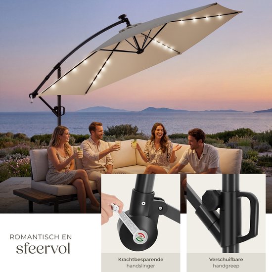 tectake® Schwebeschirm mit Sockel – 3,5 x 3,5 m – Gartenschirm mit solarbetriebener LED-Beleuchtung – schwenkbar – wasserabweisendes Polyester mit UV-Schutz – inklusive Schutzhülle – Beige