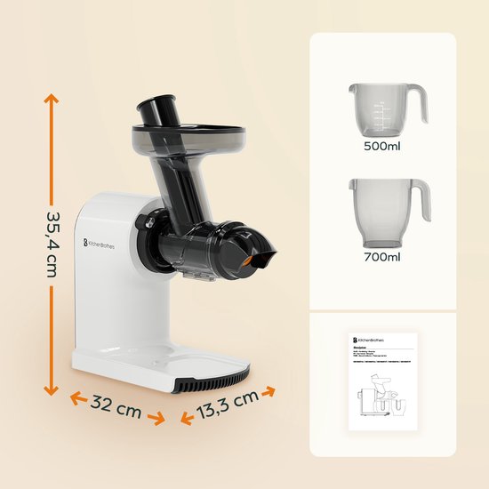 KitchenBrothers Slowjuicer - Kompakt - Entsafter - Gemüse- und Obstpresse - 45 mm - 500 ml - Weiß