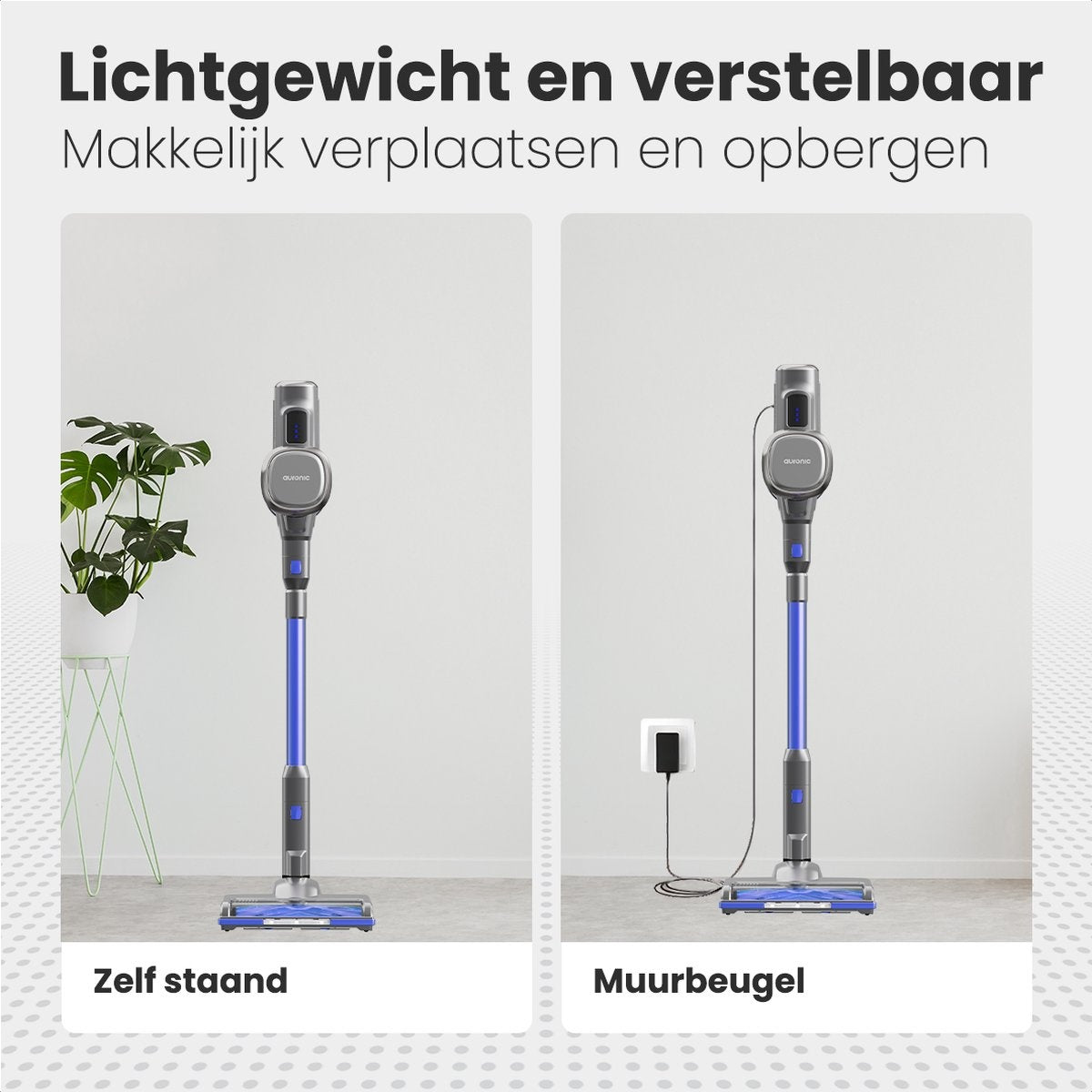 Auronic Stick Staubsauger - Kabellos - Beutellos - Akkubetrieben - Freistehend - 220 W - Grau/Blau