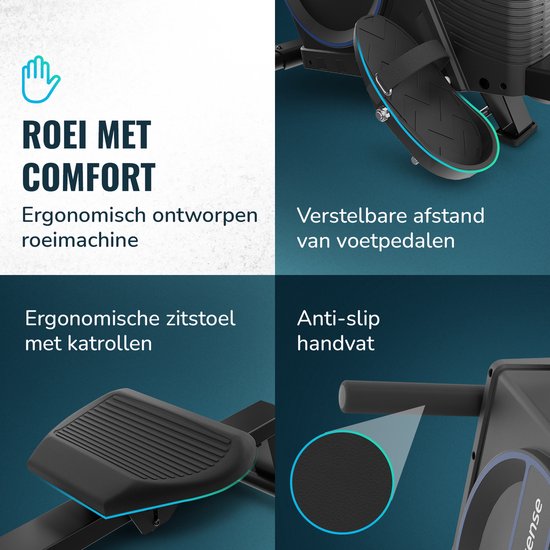 Flowsense Rudergerät - Zusammenklappbares Rudergerät - Geräuschlos - Magnetisches Rudergerät Fitness - Rudertrainer - 16 Widerstandsstufen - LCD Monitor