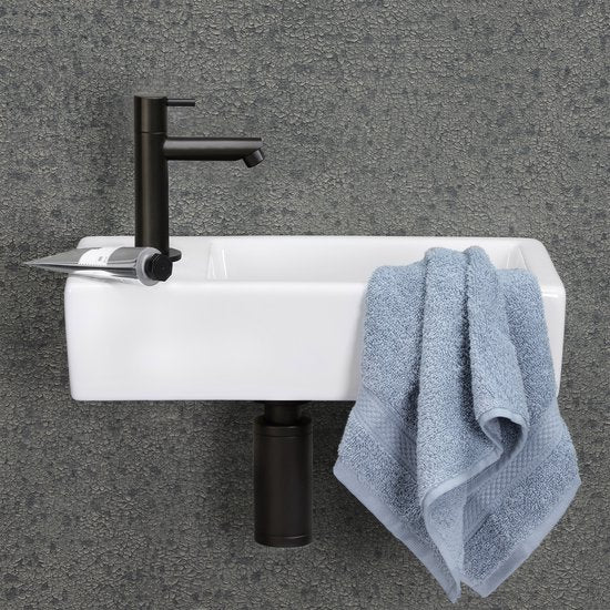 Differnz Helios Springbrunnen-Set – 37,5 × 18,5 × 9,5 cm – Rechteckig – 1 Wasserhahnanschluss links – Gerader, mattschwarzer Wasserhahn – Weiß