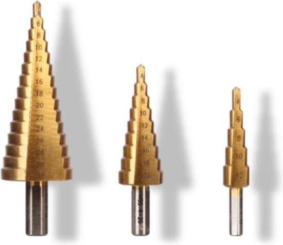 Toolland HSS-Stufenbohrer, für alle Metalle, titanbeschichtet, Satz zu 3 Stück, Größen Ø 4-12/4-20/4-32 mm