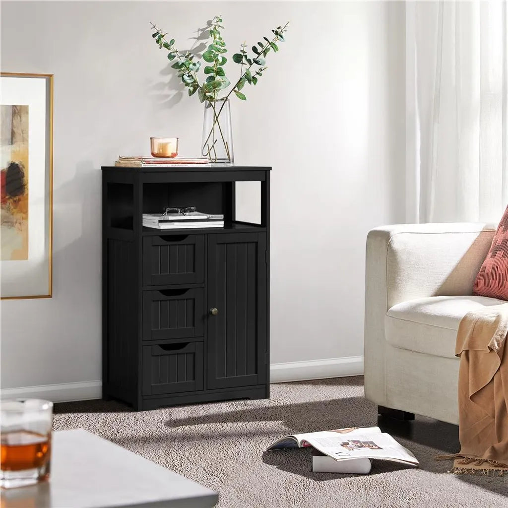 Yaheetech Badezimmerschrank mit 3 Schubladen und verstellbarem Einlegeboden – Schwarz – 55,5 x 29,5 x 86,5 cm