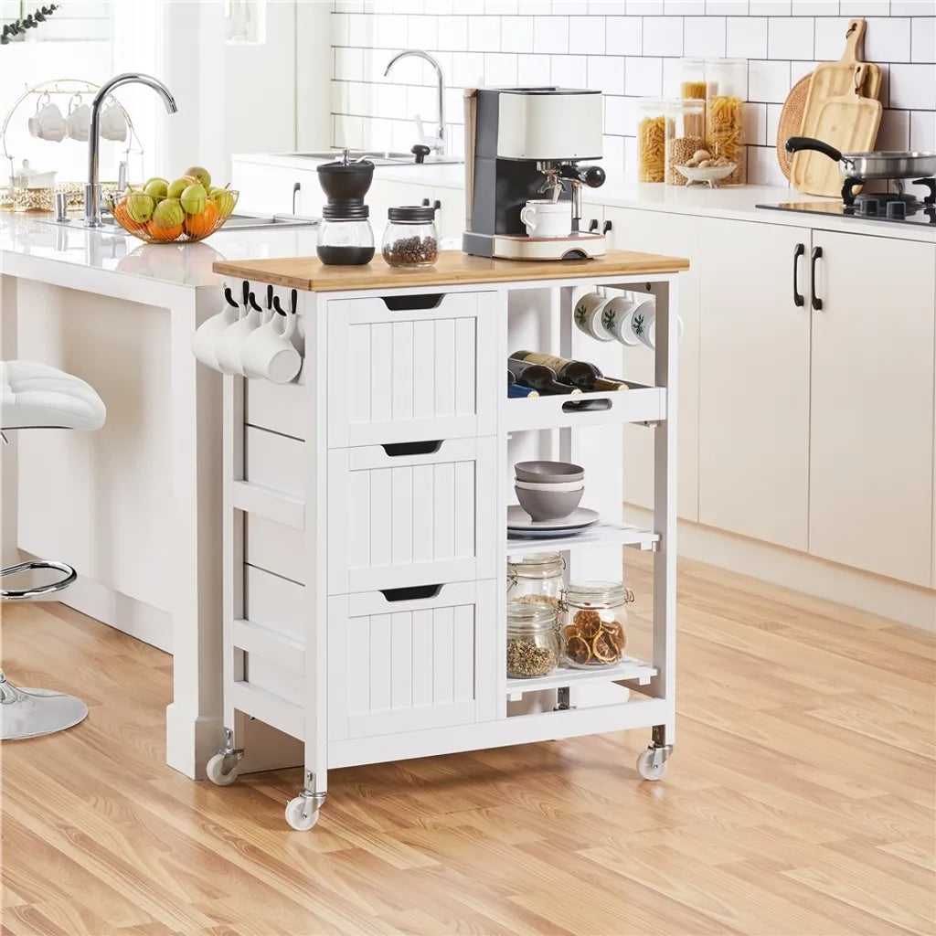 Yaheetech Küchenwagen auf Rädern – Weiß/Bambus – 67 x 37 x 84,5 cm – Mit 3 Schubladen und 3 Einlegeböden
