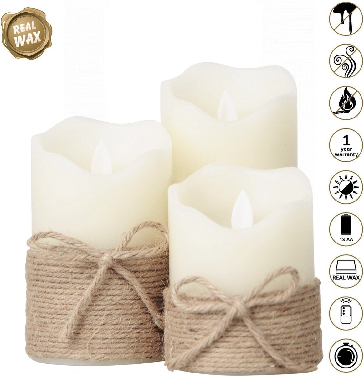 O'DADDYÂ¬Ã† LED-Kerzen mit beweglicher Flamme - Set in 3 Größen 10+12,5+15cm 8d - Mit Timer und Dimmfunktion - LED-Kerzen mit Fernbedienung - Seil