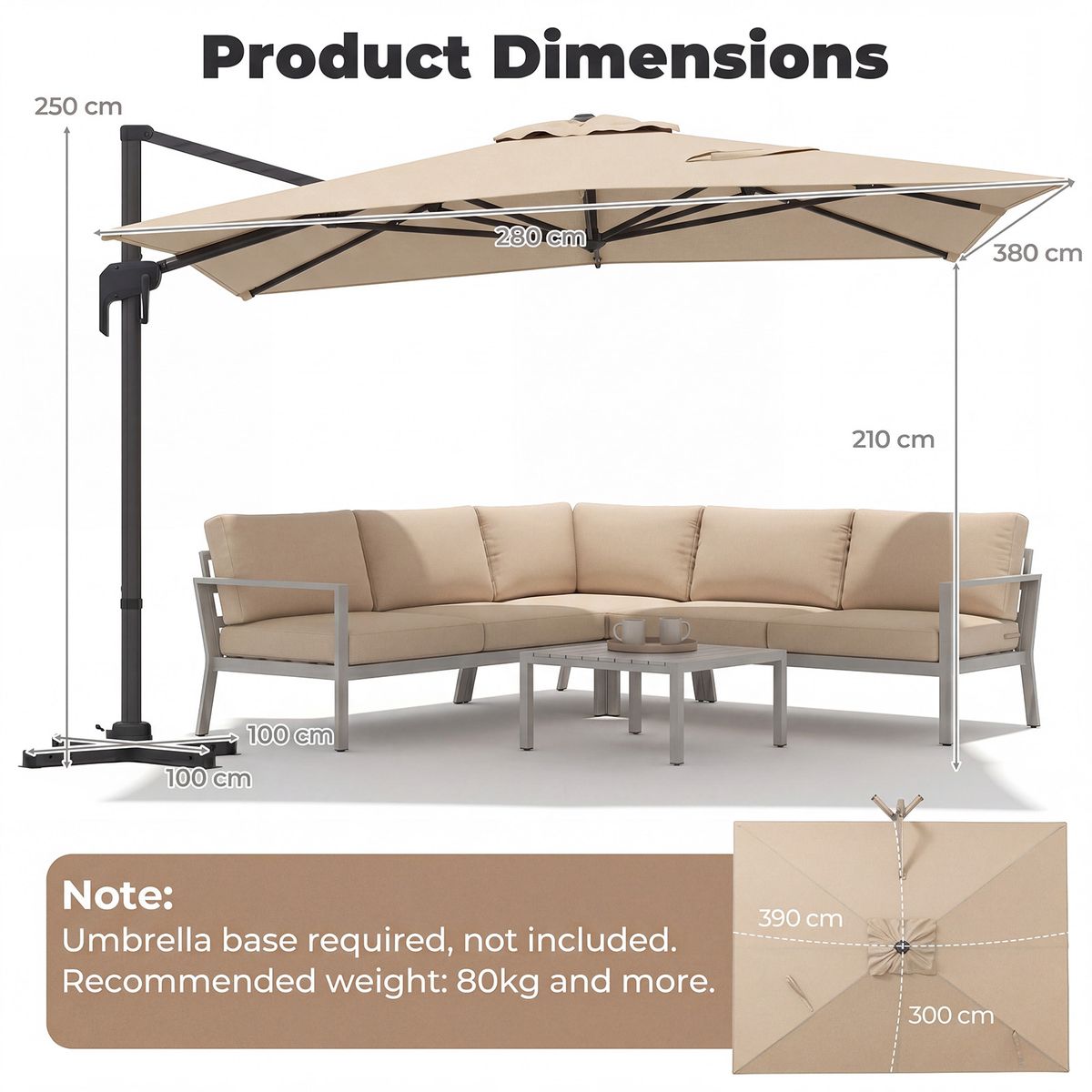 Coast Rechteckiger Sonnenschirm – drehbares Fußpedal und Kurbel – 300 x 390 cm – beige