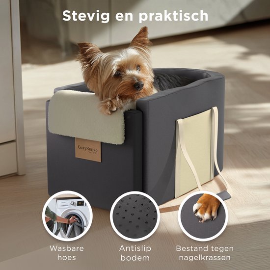 CozySense® Hundeautositz - Hundekorb Auto mit waschbarem Bezug - Für kleine Hunde - Passt in die Mittelkonsole - Auch als Tragetasche - Schwarz/Beige