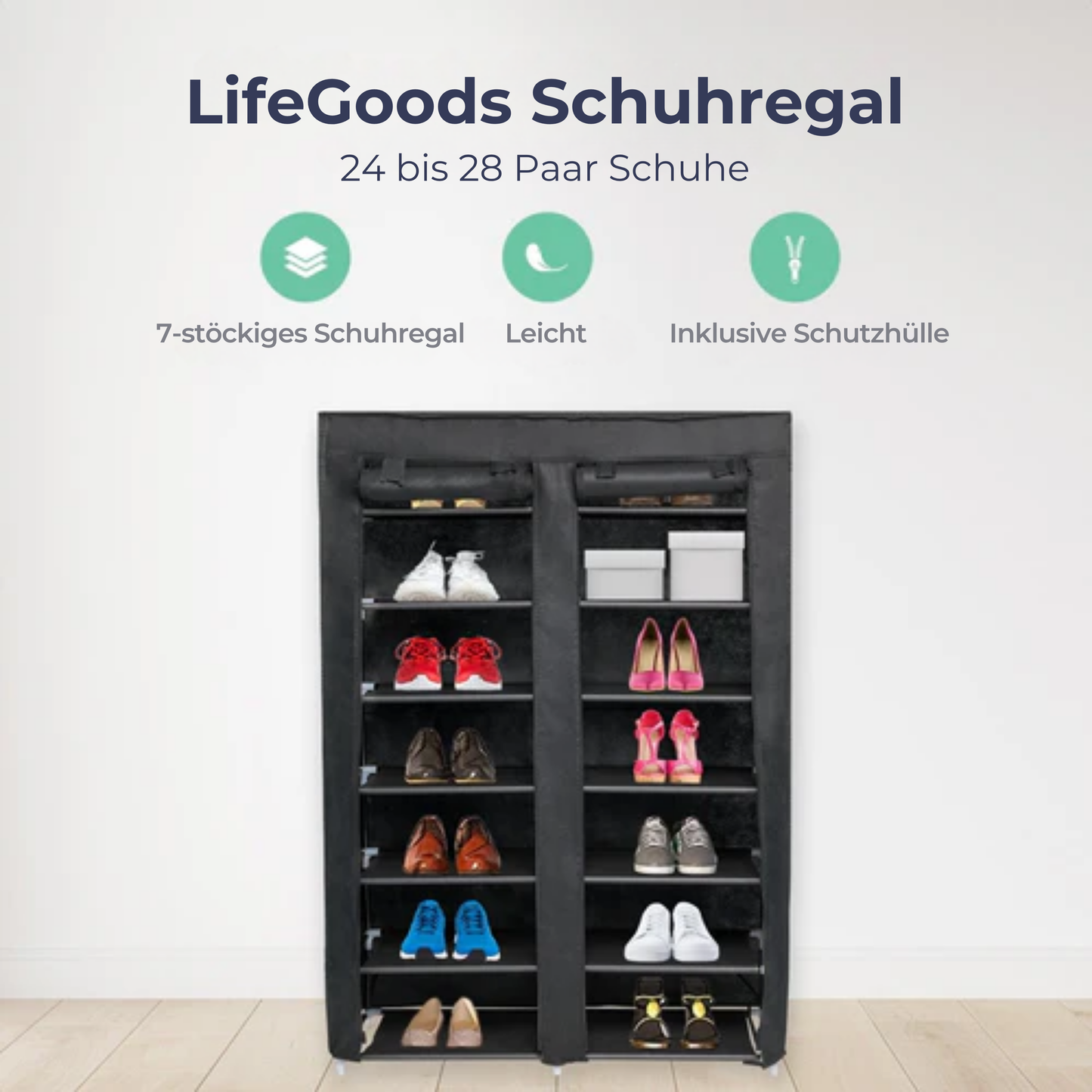 LifeGoods Schuhregal - 7 Schichten - 28 Paar Schuhe - Abschließbar - Schwarz