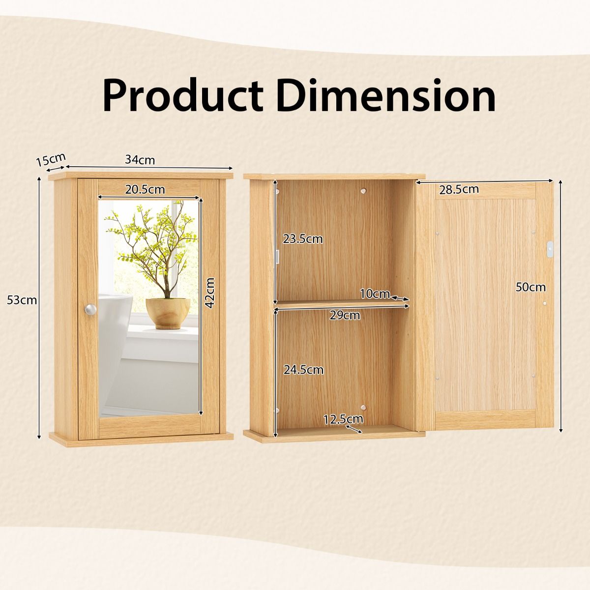 Coast Badezimmerschrank mit Spiegel – beidseitig öffnende Tür – verstellbares Regal – Natur