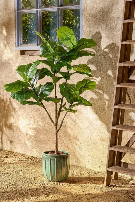 Mica Decorations Ficus Lyrata Kunstpflanze – Kunststoff-Zimmerpflanze im schwarzen Topf – wasser- und UV-beständig für drinnen und draußen – pflegefreie botanische Dekoration – H 150 x Ø 50 cm – grün