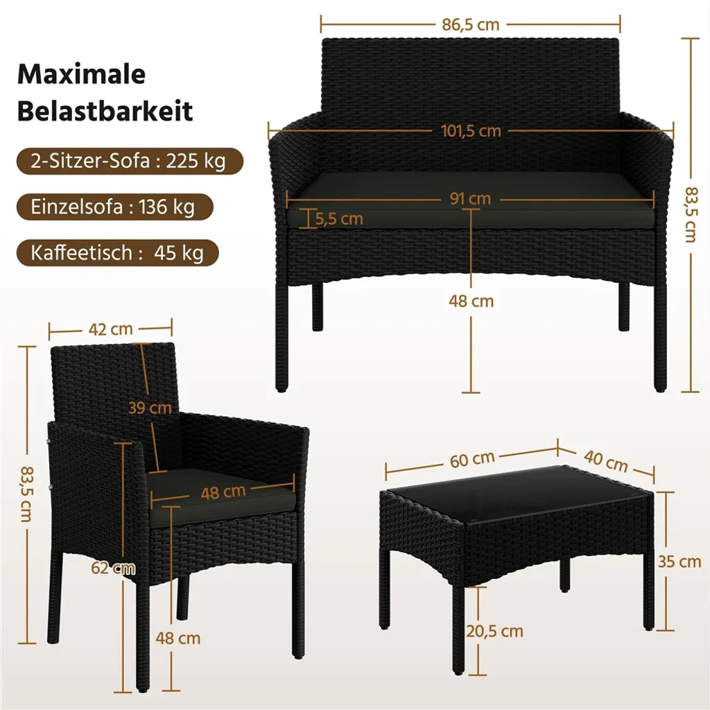 Yaheetech 4-teiliges Lounge-Set für den Garten – Schwarz/Grau – Gartenmöbel-Set aus Polyrattan mit 2-Sitzer-Sofa, 2 Stühlen und Couchtisch