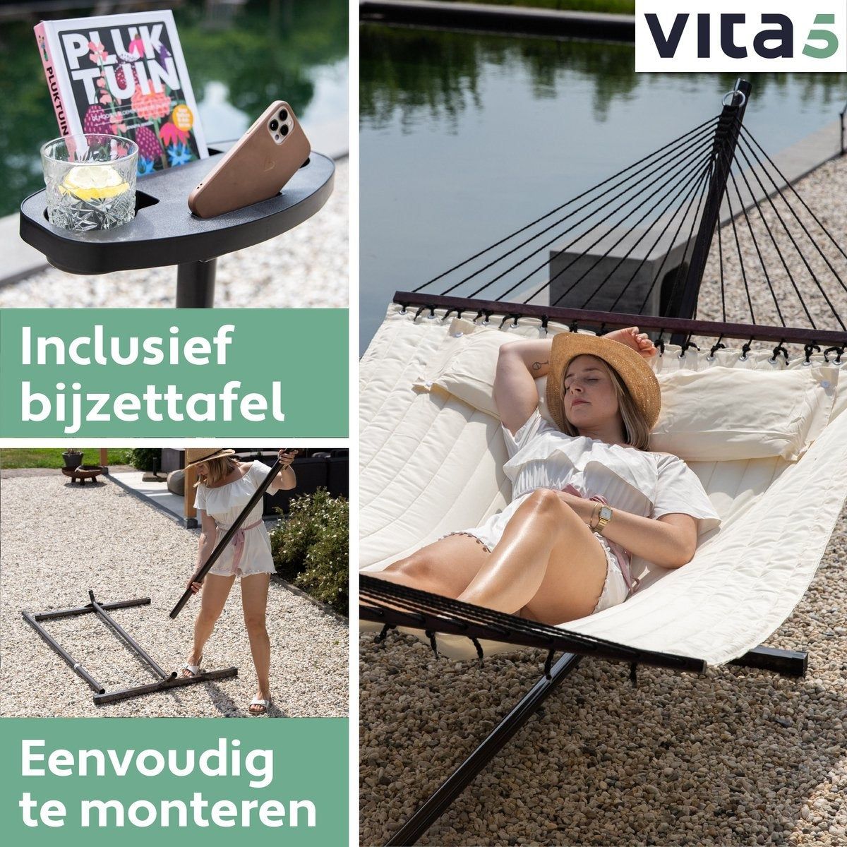 Vita5 - Hängematte - mit Ständer und Spreizstange - 2 Personen - inkl. Getränkehalter - UV-beständig - Beige