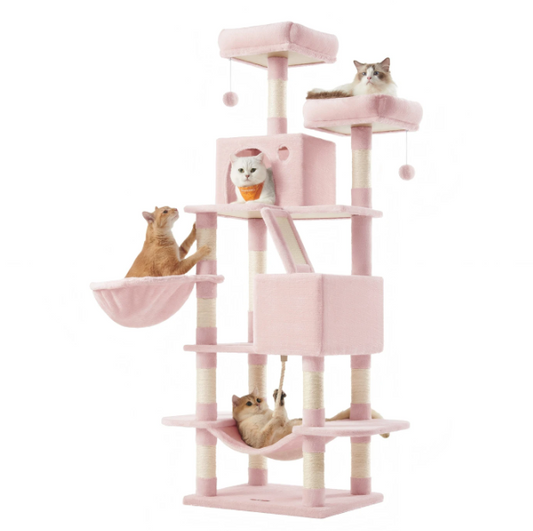 Joyfurnos L Kratzbaum 168 cm – Pastellrosa – Mehrstufig mit 13 Kratzstangen und Hängematte