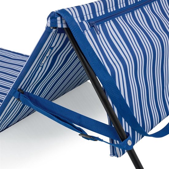 Campart Strandstuhl und Strandliege BE-0421 – Klappbare Liege und Stuhl – Strandmatte mit verstellbarer Rückenlehne – Mit abnehmbarem Kopfkissen – Blau-Weiß