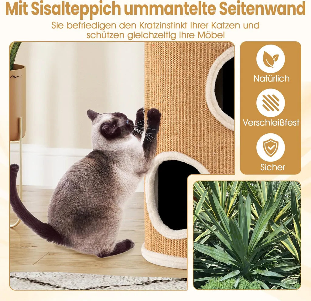 Coast Kratzbaum 4-stöckig – Katzenhaus mit 3 Katzenhöhlen und Sisal-Kratzfläche Ø 36 x 59,5 cm