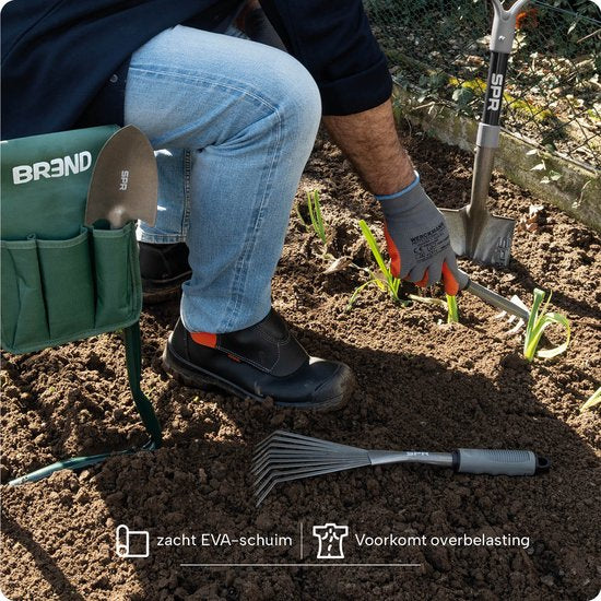 Zusammenklappbarer Gartenhocker mit Knieauflage – EVA-Schaumstoff – Bis zu 150 kg – Stahlrahmen mit Werkzeugtaschen – Zum Sitzen und Knien – BREND BR-2252