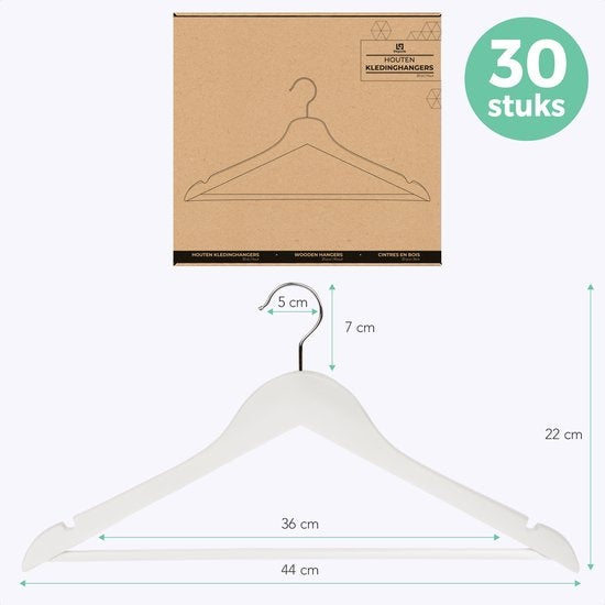 LifeGoods Kleiderbügel - mit Hosenstange - Hartholz - Weiß - 30 Stück