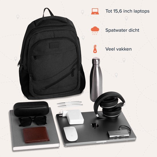 TRVLMORE Rucksack mit Lifetime - Rucksack mit 15.6 Zoll Laptopfach - Schultasche - Spritzwassergeschützt - Männer und Frauen - Jungen und Mädchen - 28L - Schwarz