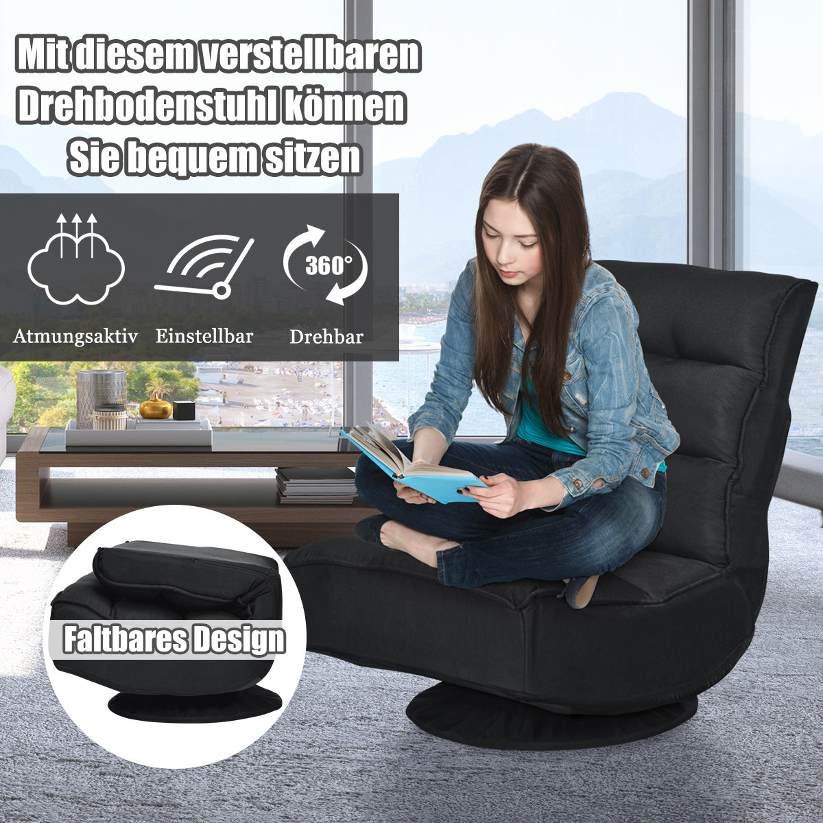 Coast Relax Armchair Bodensessel - Drehbar, klappbar, Max. 150 KG - 59 x 75 x 83 cm - Stoff/Eisen - Schwarz