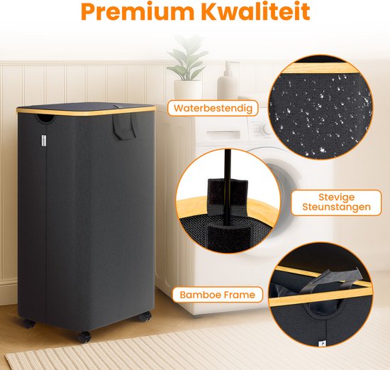 Posity Wäschekorb auf Rädern - 100 Liter - faltbar - Wäschekorb aus Stoff - Wäschekorb - mit Deckel & Griffen - Bambus - inkl. Wäschesack - Schwarz