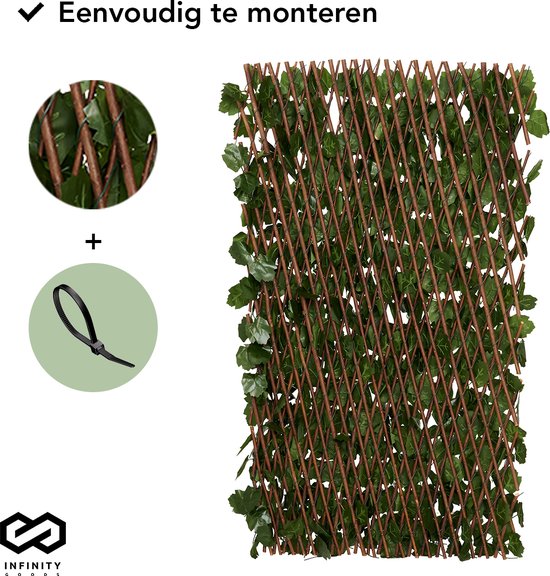 Infinity Goods Künstliche Hecke - Ausziehbar - 180 x 90 cm - Künstlicher Efeu - Künstliche Pflanzen für draußen und drinnen - Pflanzenimitat - Künstlicher Efeu - Ausziehbar - Gartenschirm - Balkonsichtschutz