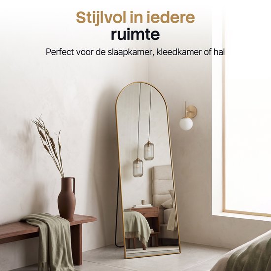 Infinity Goods Ganzkörperspiegel – 160 x 60 cm – Design-Wandspiegel – Standspiegel mit Metallrahmen – zur Aufhängung – Ankleidezimmerspiegel – abgerundet – modern – goldfarben