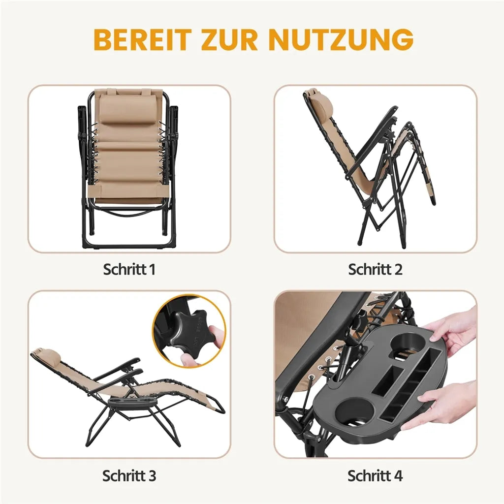 Yaheetech 2er-Set Zero-Gravity-Liegestühle – Beige – Zusammenklappbare Liegestühle mit Kopfkissen und Getränkehalter