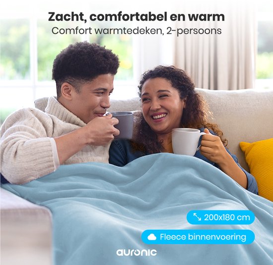 Auronic Electric Blanket - 200 x 180 cm - Heizdecke - 2 Personen - 3 Heizstufen - Decke - Mit Timer - Heizdecke - Hellblau
