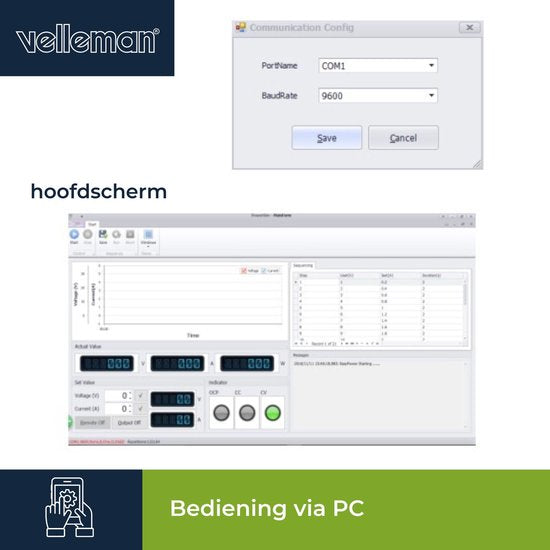 Velleman Labornetzgerät, programmierbar über PC, einstellbar, 0-30 VDC/5 A, Strombegrenzung, Kurzschlussschutz, zwei 4-stellige LED-Anzeigen, USB-Anschluss