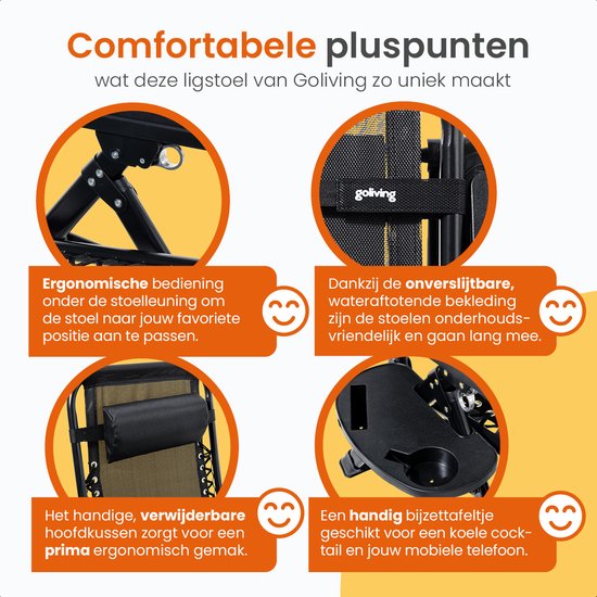 Goliving Klappbare Liege - 3 Ständer - 110 x 66 x 178 cm - Mit Tisch - Klappbar - Schwarz