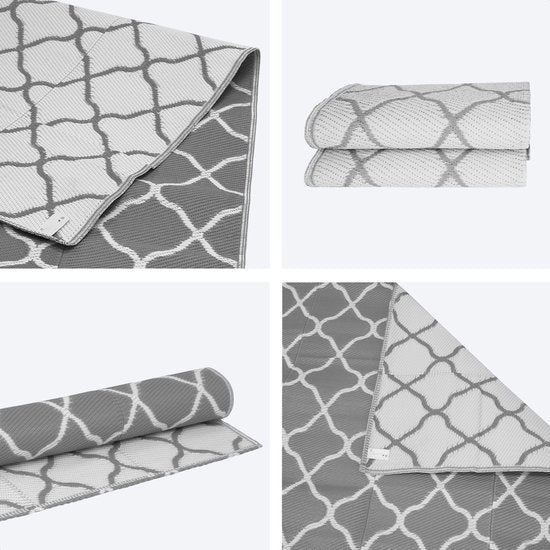 LifeGoods Outdoor-Teppich - 274x350CM - Gartenteppich - Reversibel - Inkl. Tragetasche - Mit Muster - Grau/Weiß