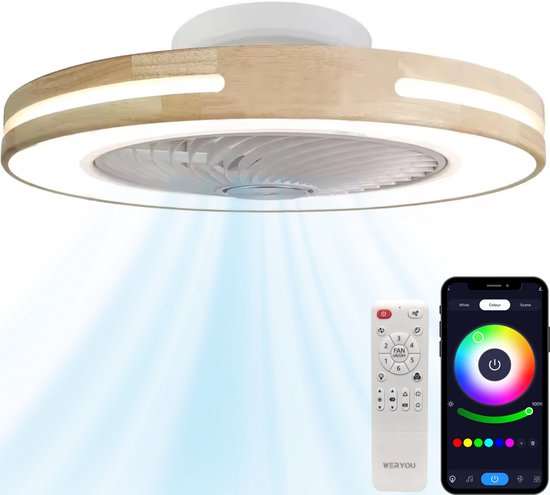 WERYOU® illuminAIR Deckenventilator - Deckenleuchte - Deckenventilator mit Beleuchtung - Deckenleuchte - Fächerlampe - RGB Led Lampe - Inkl Fernbedienung - Holzdesign