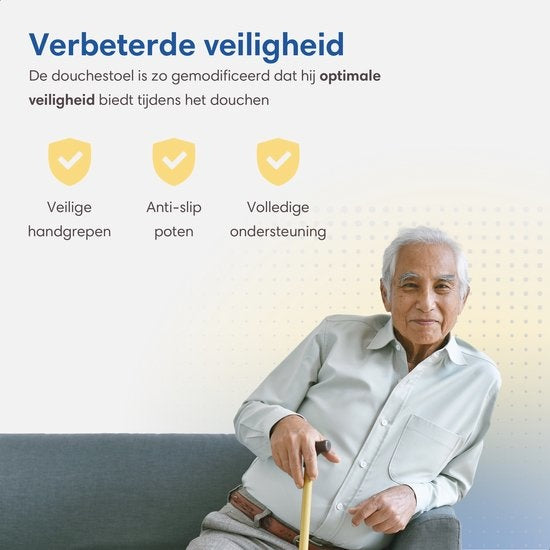 SafeLife Duschstuhl - Mit abnehmbarer Rückenlehne und Armlehne - Rutschfest - Höhenverstellbar - Duschhocker